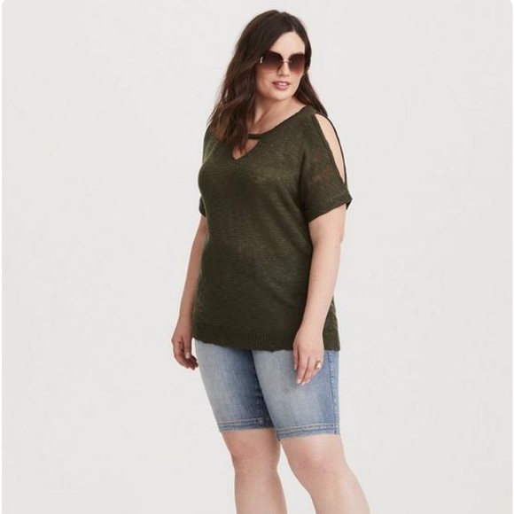 Torrid Olive Green Cold Shoulder Keyhole Short Sleeve Knit Sweater NWT Sz 3X - Picture 14 of 14